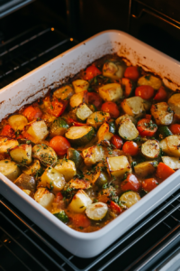 This image shows the ratatouille baking uncovered in the oven, allowing the vegetables to become tender and slightly caramelized.