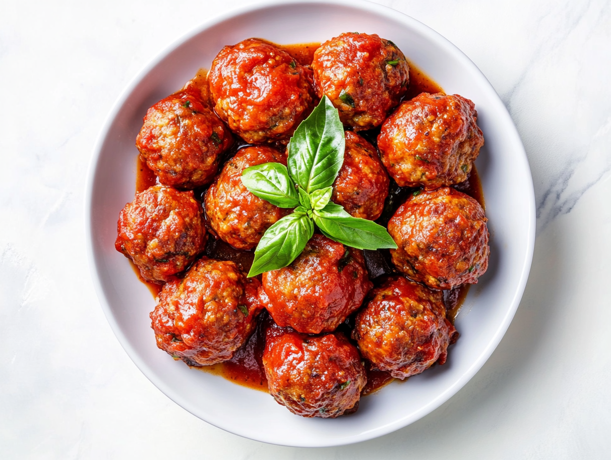 This image shows a plate of savory Italian meatballs cooked in a crockpot, topped with a rich marinara sauce. The dish is garnished and ready to be served as a comforting main course.