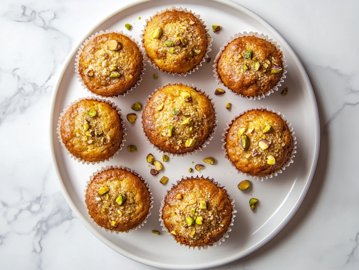 This image showcases a plate of moist and nutty pistachio muffins, with their golden tops and a light sprinkle of pistachios, offering a delicious treat perfect for breakfast or a snack.