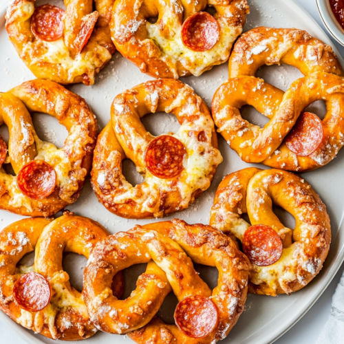 This image showcases a plate of pizza pretzels, topped with melted cheese and crispy pepperoni, offering a delicious combination of flavors and textures that are perfect for sharing or enjoying alone.