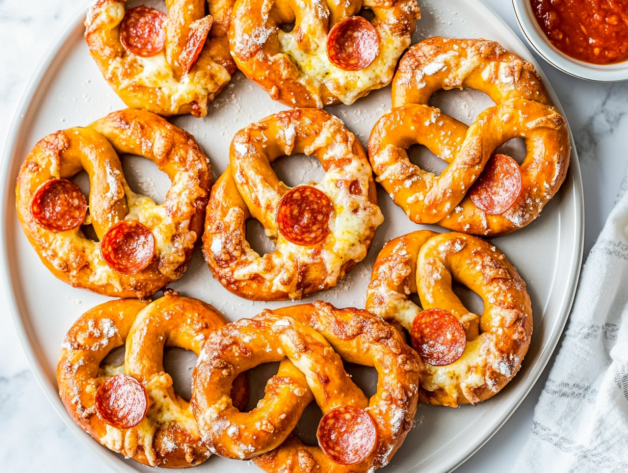 This image showcases a plate of pizza pretzels, topped with melted cheese and crispy pepperoni, offering a delicious combination of flavors and textures that are perfect for sharing or enjoying alone.