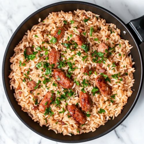 This image shows the Smoked Sausage and Rice dish, featuring savory smoked sausage, tender bell peppers, and rice infused with rich tomato flavors. The dish is beautifully presented in a skillet, garnished with fresh parsley for an inviting and hearty meal.