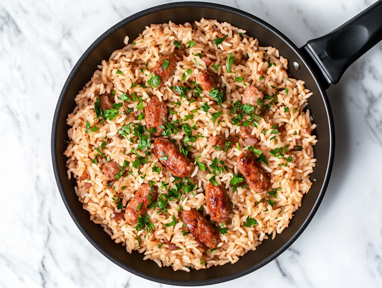 This image shows the Smoked Sausage and Rice dish, featuring savory smoked sausage, tender bell peppers, and rice infused with rich tomato flavors. The dish is beautifully presented in a skillet, garnished with fresh parsley for an inviting and hearty meal.