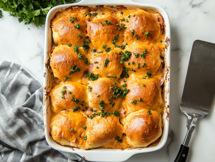 A top-down view of golden brown and bubbly Ham and Cheese Sliders in a 9x9-inch baking dish, garnished with fresh parsley. A serving spatula is beside the dish, ready for serving.