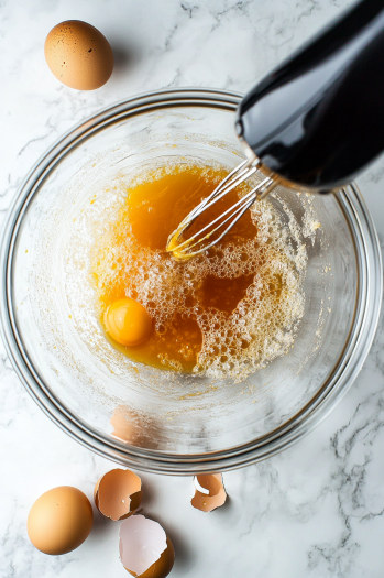 Top-down view of a large mixing bowl where eggs are being beaten with an electric mixer. The warm syrup mixture is being gradually poured into the eggs on a clean countertop.