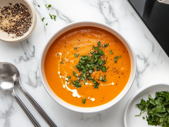 This image shows a bowl of creamy butternut squash soup garnished with fresh thyme, with a swirl of cream on top and a sprinkle of black pepper, ready to be served warm.