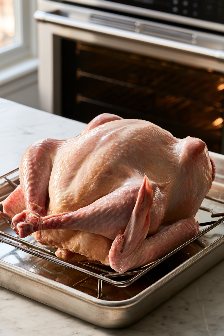 Let the turkey rest at room temperature for 1 hour. Near the end of the resting time, transfer the oven rack to one level below center