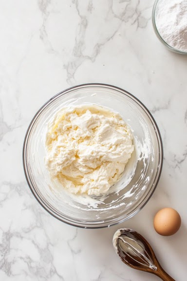 Top-down view of a mixing bowl on a white marble cooktop. Inside the bowl, softened cream cheese, powdered sugar, vanilla extract, egg yolk, and a pinch of salt are being whisked together until smooth and fluffy, showcasing the creamy texture of the filling.