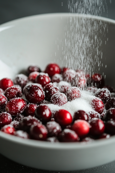 Top-down view of dried cranberries being rolled in granulated sugar, coating them with a sparkling, sugary layer. The deep red cranberries contrast beautifully with the white sugar for a festive, finished look.