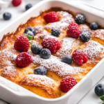This image shows slices of the baked French toast being served with maple syrup and garnished with berries, ready to enjoy.
