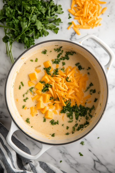 Top-down view of cubed cream cheese and shredded cheddar cheese being added to the pot, with the soup turning creamy as the cheese melts into the mixture.