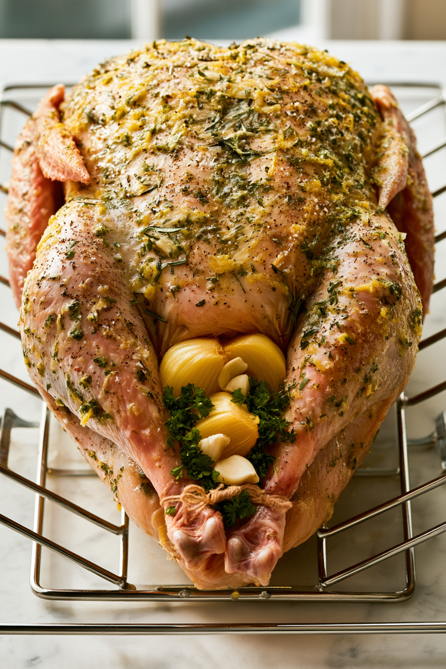Stuff the cavity of the turkey with the onion, garlic, and parsley