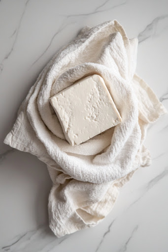 This image shows tofu wrapped in a towel with a heavy object placed on top to press out excess moisture
