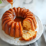 this image shos flan cake with caramel being drizzled on top