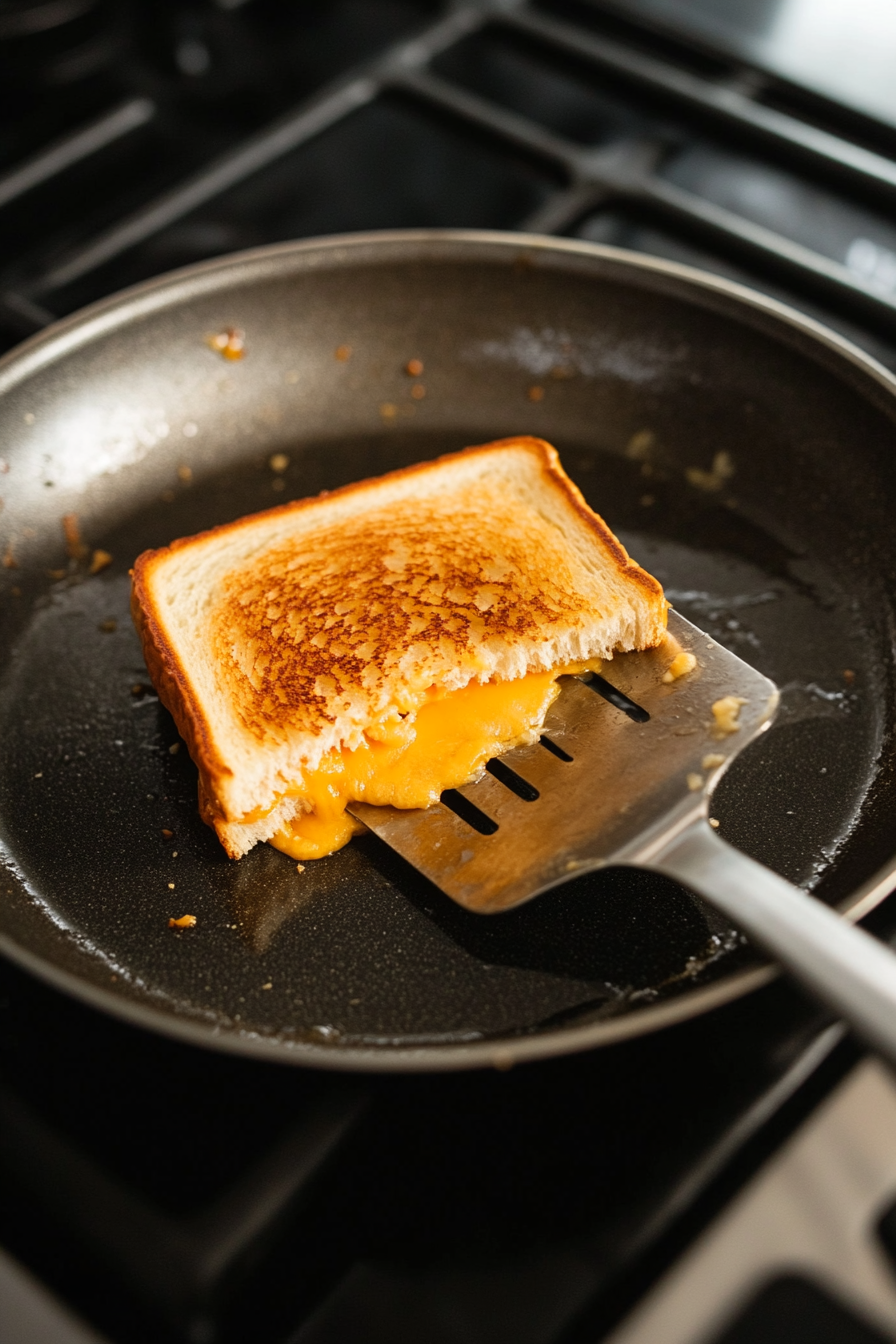 Top-down view of a skillet with a sandwich being flipped with a spatula, showing a golden and toasted underside with melting cheese.
