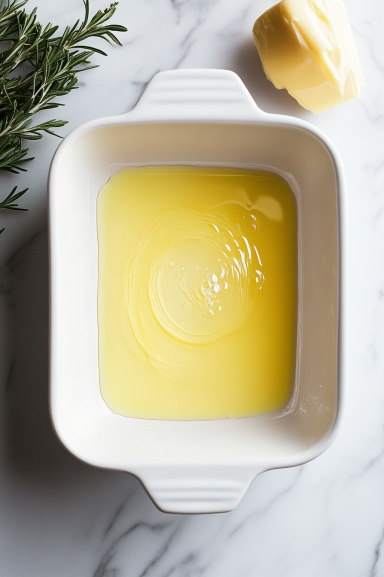 Top-down view of melted butter being poured into a 9x13-inch baking dish, coating the bottom and sides evenly.
