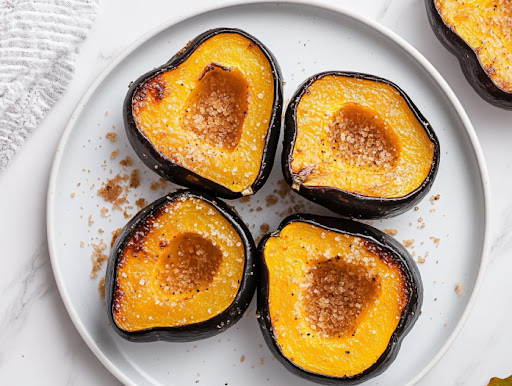 This image shows the final dish, warm slices of acorn squash sprinkled with brown sugar and butter, ready to be served.