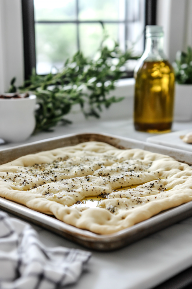 This image shows flatbread or pizza dough on a baking sheet, being brushed with olive oil and seasoned with salt and pepper.]