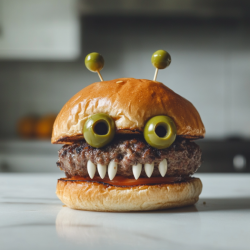 The completed monster burgers are served on a plate with sides like fries or chips, positioned on the white marble cooktop, ready to be enjoyed