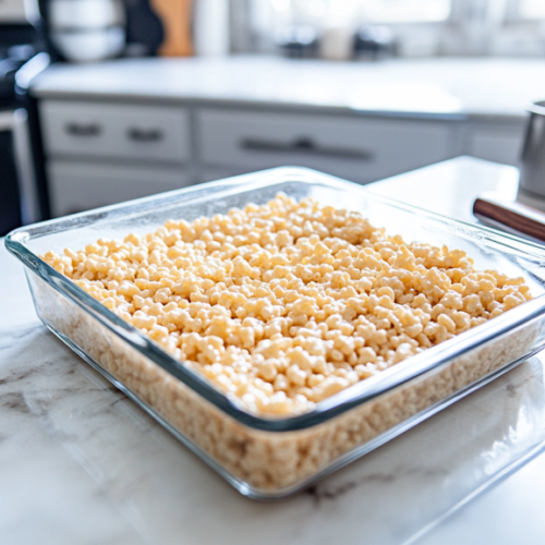 The glass baking pan rests on the white marble cooktop as the Rice Krispies treats cool. A knife lies nearby, ready to cut the mixture into squares for serving once cooled.