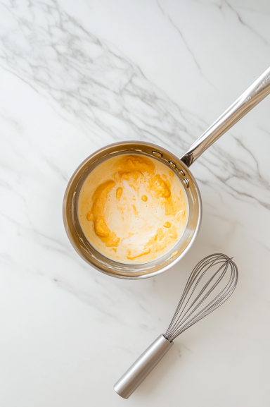 A saucepan on a white marble cooktop contains a mixture of milk, pumpkin puree, and sugar, being stirred over medium heat. The scene captures the ingredients gently heating, emphasizing the creamy texture and rich color of the mixture