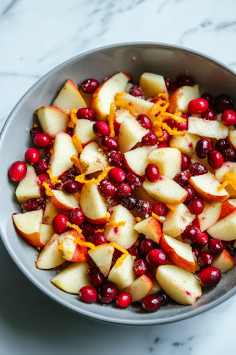 This image shows a large bowl filled with sliced pears, cranberries, sugar, tapioca flour, orange zest, cinnamon, and juice. The ingredients are being gently mixed together with a spoon.