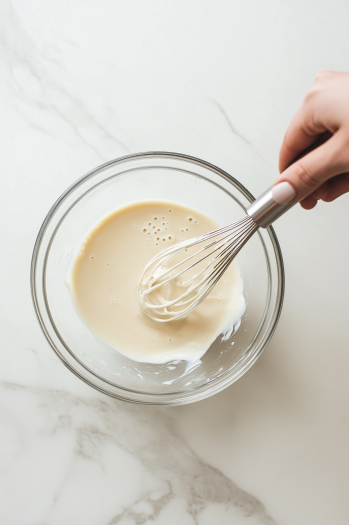 A medium glass bowl on the white marble cooktop where chocolate pudding mix is being whisked with milk until dissolved. The pudding is ready to be placed in the fridge to set for 10 minutes
