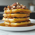 This image shows a stack of pumpkin waffles drizzled with maple syrup and topped with toasted pecans, ready to be served.