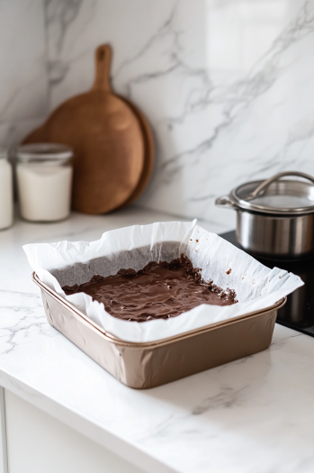 The chocolate-marshmallow-biscuit mixture is poured into a 20cm x 20cm baking tin lined with baking paper. The mixture is pressed down firmly into the tin, which rests on the white marble cooktop