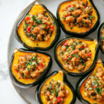 This image shows the finished stuffed acorn squash with quinoa served on a white plate, ready to be enjoyed. The squash is golden and the stuffing is crispy and flavorful.
