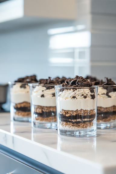 "A layer of Oreo crumbs at the bottom of each glass cup on the white marble cooktop. One or two scoops of Oreo mousse are placed on top, followed by another layer of crumbs and more mousse.