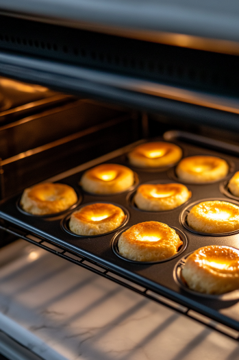 The muffin tin is back in the oven with the puddings starting to rise and turn golden brown after 30-35 minutes. The white marble cooktop is visible in the background.