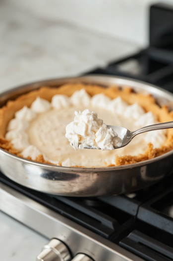 Alternating spoonfuls of plain cream cheese and pumpkin filling are dropped onto the crust in the baking pan on the white marble cooktop, creating a contrasting white and orange pattern.