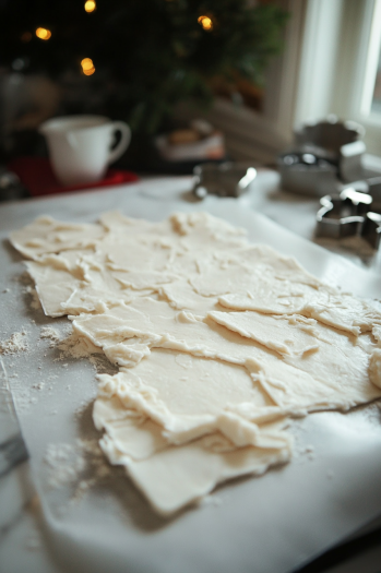 The dough is rolled out on parchment paper on the white marble cooktop, with additional flour dusted on the surface. Cookie cutters are ready to shape the dough to about 1/2 inch thick.