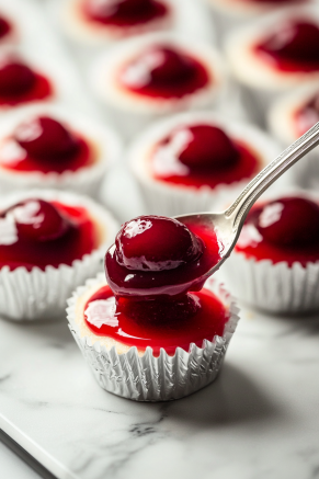 A spoon ladling cherry pie filling onto the cooled cheesecakes, each resting in its paper liner on the white marble cooktop.
