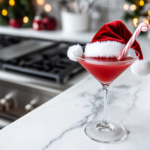 The completed Santa’s Hat Cocktail on the white marble countertop, garnished with a peppermint stick for a festive touch and ready to serve.