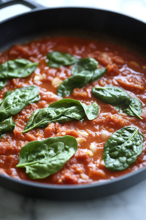 The black skillet on the white marble cooktop now contains fresh spinach leaves, layered over the softened garlic and tomatoes. The spinach begins to wilt, mixing with the tomatoes and creating a colorful, flavorful base.