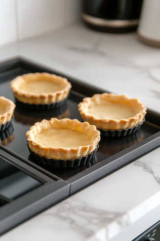 Mini tart crusts in the oven on the white marble countertop, golden brown and crisp after baking.