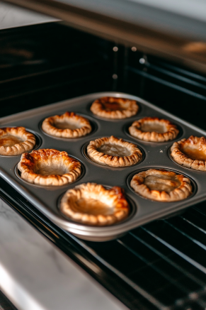 The muffin tin with the pies is placed in the oven, baking at 400°F. The tops turn a golden brown, visible through the oven's glass door.