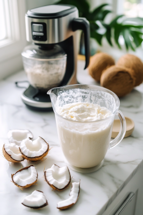 A blender on a white marble cooktop blending a frothy mixture of coconut cream and white rum, with a bottle of rum, a can of coconut cream, and measuring tools neatly arranged nearby.