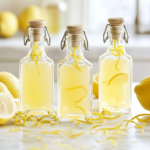 Lemon-infused Everclear being poured through a fine mesh sieve into the cooled milk mixture on a white marble cooktop, with a decorative bottle prepared for filling placed to the side.