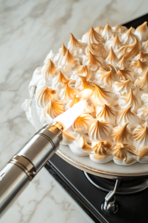 A blowtorch gently browns the meringue on the pandoro on the white marble cooktop, adding a light caramelized finish to the snowy coating. The decorated pandoro is now ready for slicing and serving.