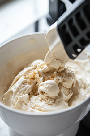 The chilled mixture is poured into an ice cream maker on the white marble cooktop, churning to a soft-serve consistency. Finely chopped crystallized ginger is added for extra flavor and churned briefly to combine.