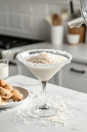 The martini glass being dipped into a plate of sweetened coconut flakes on the white marble countertop, coating the frosted rim completely.