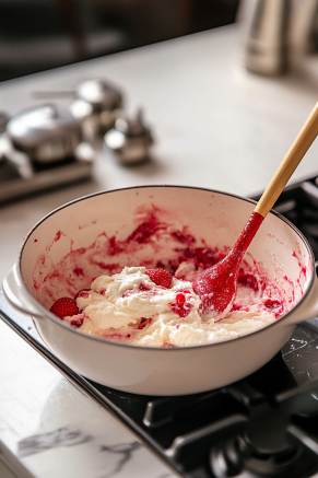 A large mixing bowl on the white marble countertop with mashed strawberries, milk, heavy cream, sugar, vanilla, salt, and food coloring being stirred together.
