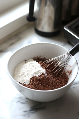 A mixing bowl on the white marble cooktop holds dark brown sugar, flour, and baking powder whisked together to create the dry ingredients for the pudding.