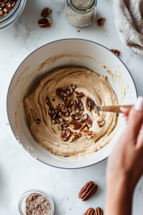 Beat cream cheese and butter until smooth. Mix in sugars, pudding mix, lemon juice, salt, cinnamon, and 1/3 cup pecans until fully incorporated.