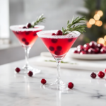 The completed Mistletoe Martini on the white marble countertop, garnished with sugared rosemary and fresh cranberries, ready to enjoy as a festive treat.