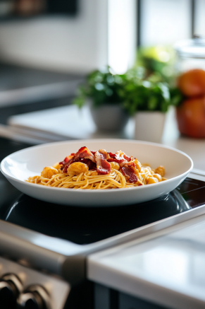 Cowboy Pasta is served hot on a plate over the white marble cooktop, garnished with extra bacon pieces for a perfect finishing touch.