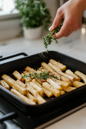 Freshly chopped thyme is being sprinkled over the roasted parsnips in a black roasting tin on the white marble cooktop, adding a vibrant green garnish to the dish.